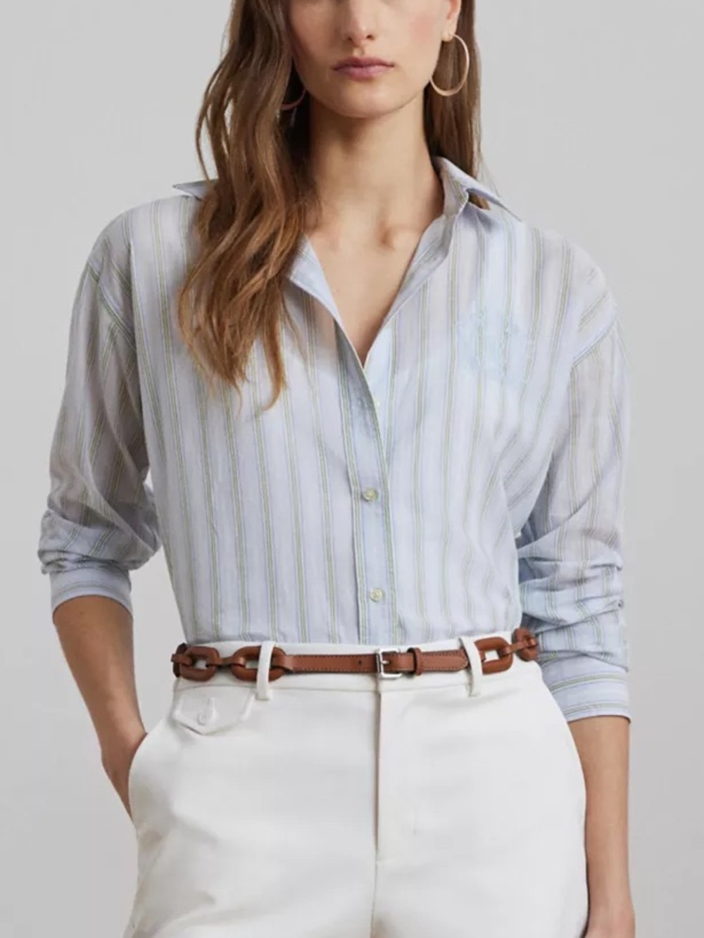 Lauren Ralph Lauren Oversized Striped Cotton Voile Shirt Size XL
